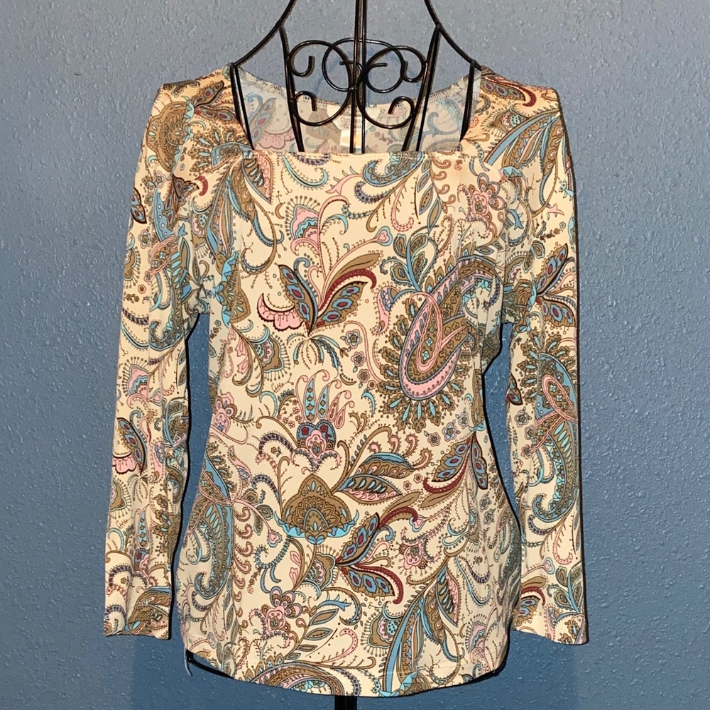 Christopher & Banks Cream Paisley Long Sleeve Scoop Neck Top